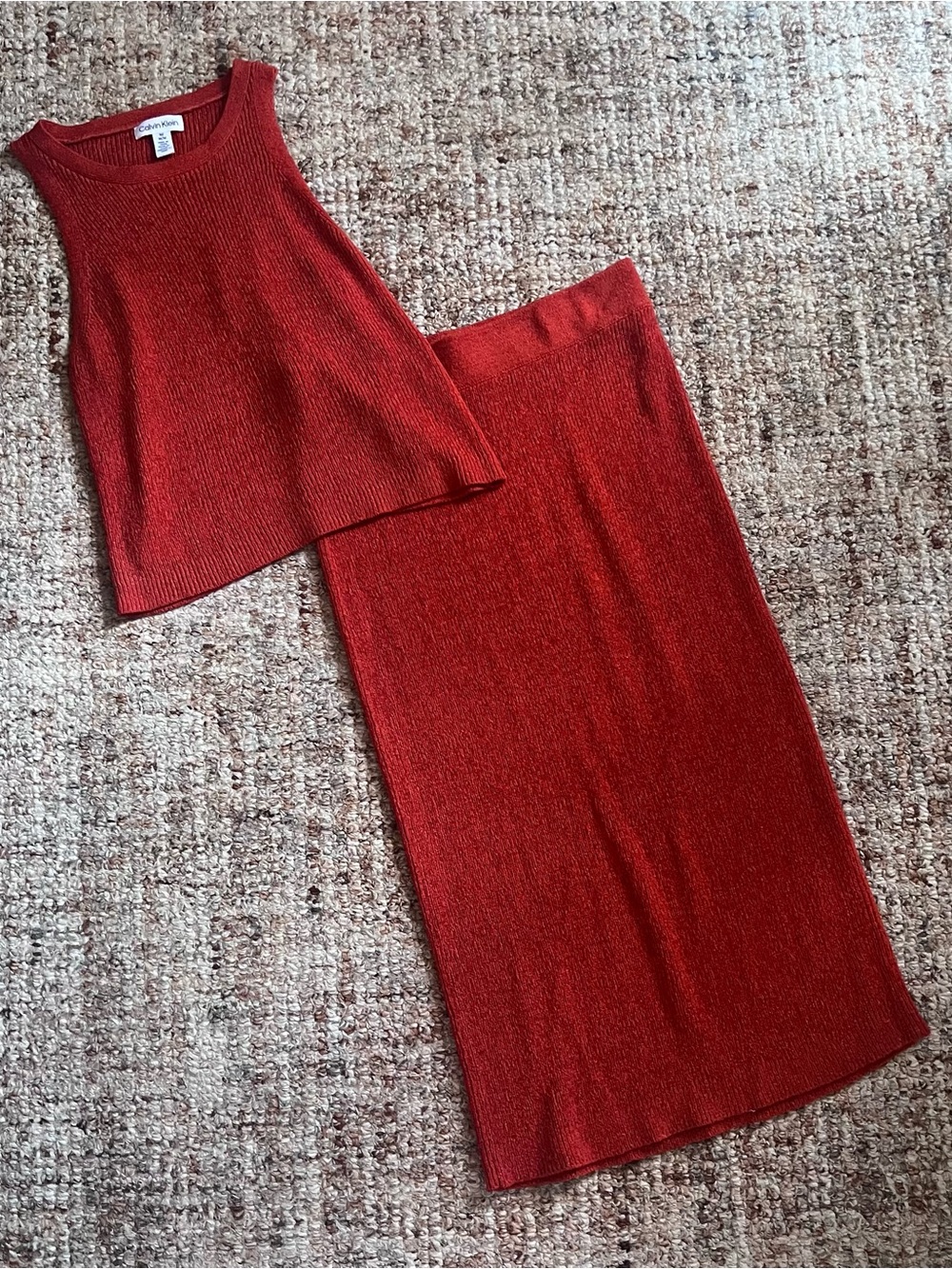 Calvin Klein Rust Red Ribbed Knit Skirt Set